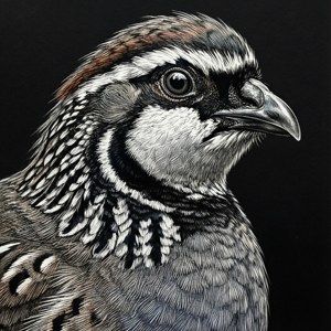 一幅細緻的黑白墨水畫，描繪了一隻石雞。 — Pixel Watch 4 壁紙