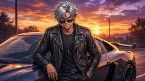 一位时尚的动漫男孩在夕阳下与跑车合影。