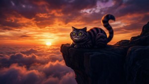 柴郡貓的剪影映襯在繽紛的夕陽下。 — 柴郡猫 壁紙