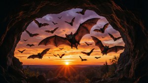 蝙蝠從洞穴中飛出，映襯著繽彩的夕陽天空 — 萬聖節美學 壁紙