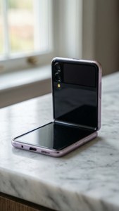 簡約風格 Z Flip 5 置於大理石上，柔和粉彩光線