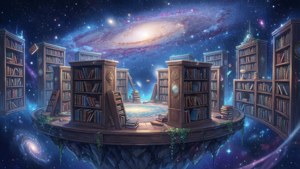 一個奇幻的動畫場景，描繪漂浮在太空中的圖書館 — 動畫風景 壁紙