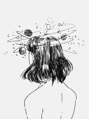 女孩与环绕行星的美学素描 — 太空美学 壁紙