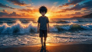 夕陽時分，一位悲傷的動漫男孩獨自漫步沙灘。 — 悲伤动漫 GIF 壁紙