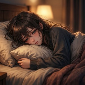 一位悲傷的動漫女孩蜷縮在床上，感到孤獨。 — 悲伤动漫 GIF 壁紙