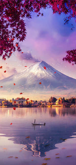 富士山峰与湖泊及落叶 — Vivo V 壁紙