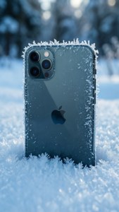 iPhone 11 Pro Max 埋藏於雪中，呈現霜凍細節與冬季背景。