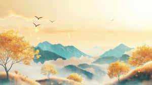秋天,風景,風景背景,群山,樹木,金色,日出,景色,寧靜,夢幻 — 山脈 壁紙
