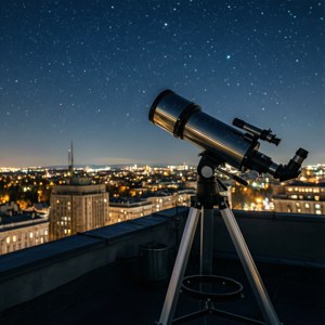 屋頂上架設望遠鏡，瞄向城市上方夜空。 — Pixel Watch 4 壁紙
