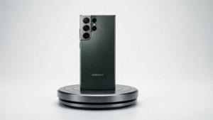 S24 Ultra 在纯白背景下的产品摄影棚拍摄，置于展示台上。