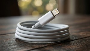 iPhone充電線纏繞在木頭上的近拍，帶有散景效果