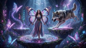 狼在充滿幻象的超現實競技場中與蝴蝶夫人交戰。