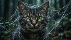 柴郡猫被困蜘蛛网中，双眼发出光芒。 — 柴郡猫 壁紙