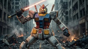 RX-78-2高达在一片毁灭的城市中摆出战斗姿态的戏剧性场景。