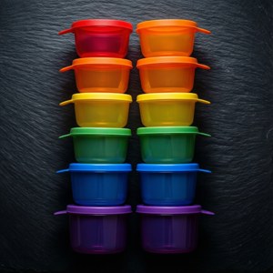 彩虹色塔珀容器在石板板上对称排列，形成引人注目的壁纸。 — 华为nova Flip 壁紙