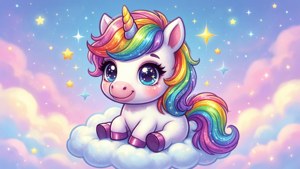 一隻夢幻可愛的獨角獸坐在蓬鬆的雲朵上。 — 卡哇伊 壁紙