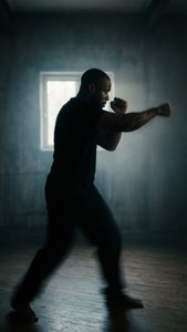 Travis Fulton 在昏暗光線下以剪影形式進行影子拳擊。