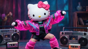 Hello Kitty身穿霓虹80年代風格服裝，盡情舞動。 — Hello kitty 動圖 壁紙