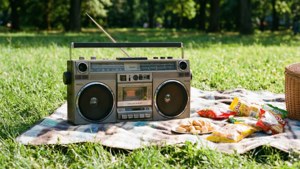 一台復古手提音響在公園野餐中享受陽光燦爛的一天。 — 音樂美學 壁紙