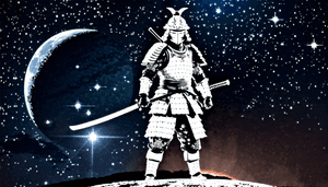 浮世繪、日本藝術、武士、太空、融合藝術、復古、銀河、月亮、傳統與科幻交會、懷舊日式、紋理印刷