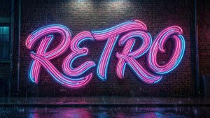 雨夜中閃爍的霓虹招牌，寫著「RETRO」。 — 复古美学 壁紙