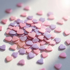 白色背景上粉红与薰衣紫的心形亮片，柔和浪漫。 — 华为nova Flip 壁紙
