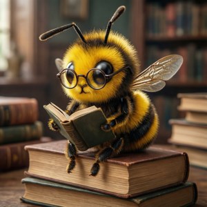 Charmy Bee 在堆满书籍的环境中阅读一本书。 — Pixel Watch 壁紙