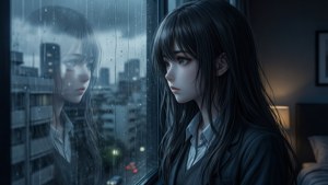 一位動漫女孩望著窗外細雨，感到憂傷。 — 悲伤动漫 GIF 壁紙
