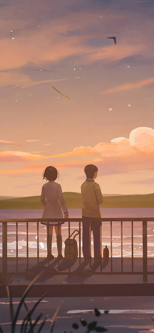 情侶眺望湖畔藝術 — 動畫風景 壁紙