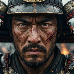 武士臉部近距離特寫，帶有疤痕與火焰背景。 — Pixel Watch 5 壁紙
