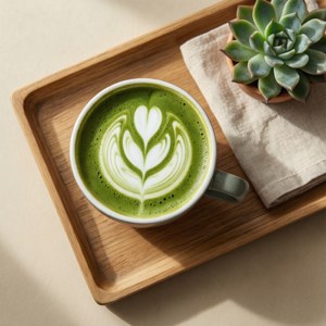 俯拍视角的抹茶拿铁与多肉植物，中性色调。 — Pixel Watch 4 壁紙