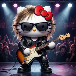 Hello Kitty在舞台上用吉他搖滾演出。
