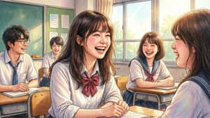 理華子與朋友們在陽光明媚的教室裡大笑 — 海浪 壁紙