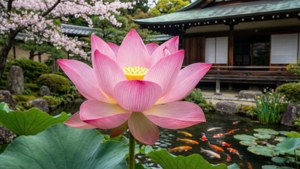 日本庭園中的蓮花，搭配錦鯉、傳統建築與櫻花，呈現春季景象。 — 蓮花 壁紙