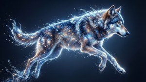 一隻由液態星光構成的銀河之狼，在抽象場景中動態跳躍。 — 银河之狼 动图 壁紙