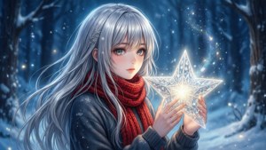 銀髮紅圍巾的動漫少女在雪林中手持一顆發光的星星。 — 动漫圣诞 壁紙