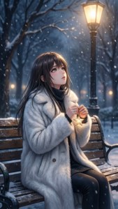 動漫女孩坐在長椅上，身處路燈下的雪中 — 动漫圣诞 壁紙