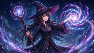 酷炫的动漫壁纸，描绘魔女在星空下施展魔法。