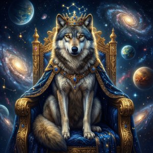 一隻威嚴的銀河之狼端坐於星辰王座之上，頭戴星座之冠。 — 银河之狼 动图 壁紙