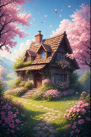 小屋，春天，花朵，花園，櫻花，蝴蝶，丘陵，盛開，愉悅，自然 — iPhone 4 壁紙