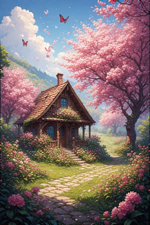 小屋，春天，花朵，花園，櫻花，蝴蝶，丘陵，盛開，愉悅，自然 — iPhone 4 壁紙