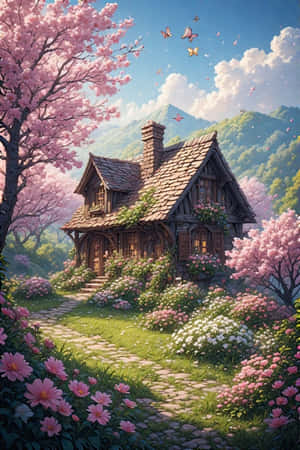 小屋，春天，花朵，花園，櫻花，蝴蝶，丘陵，盛開，愉悅，自然 — iPhone 4 壁紙