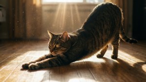 一只猫咪在木地板上的阳光中伸展身体。 — 貓 壁紙