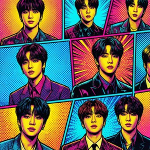 BTS 以普普藝術漫畫風格呈現，色彩大膽。 — Pixel Watch 3 壁紙