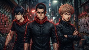 《东京复仇者》中，武道、龙宫寺坚与三谷隆在暗巷中的戏剧性群像壁纸。 — 東京復仇者 壁紙