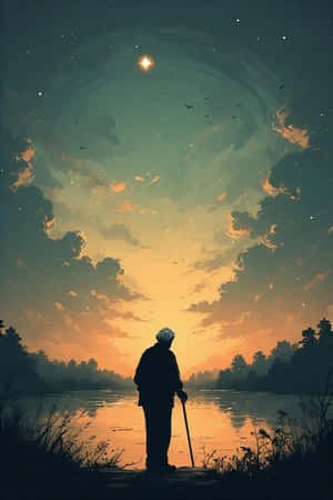 老人剪影、拐杖、湖泊、黃昏、寧靜、柔和橙色、綠色天空、蓬鬆雲朵、單顆星 — 绿色天空 壁紙