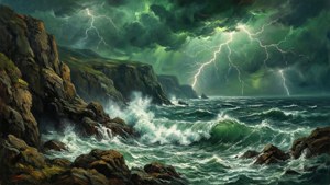 暴风雨中的海洋景象，悬崖与闪电交织于戏剧性的绿色天空之下。 — 绿色天空 壁紙