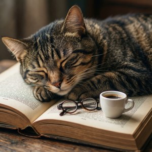 一隻貓咪戴著眼鏡，在書本旁伴著咖啡入睡。 — 貓 壁紙