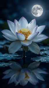 滿月下盛開的蓮花，伴隨倒影，深藍與銀色交織。 — 蓮花 壁紙