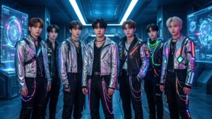 一個賽博龐克風格的Kpop男團，身處未來場景中。 — Kpop 動圖 壁紙